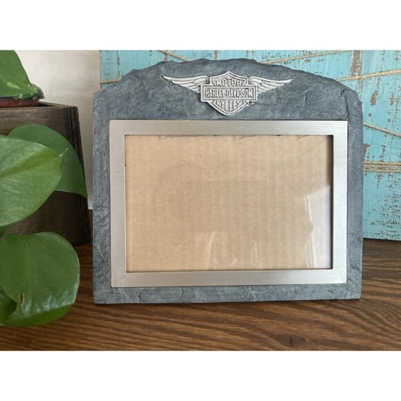 Vintage Harley Davidson*Photo Frame Metal & Stone Slate 4x6 - Picture 1 of 9